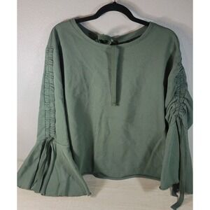 Sanctuary Green Cotton Top Ruched Bell Sleeve Back Tie Size XL